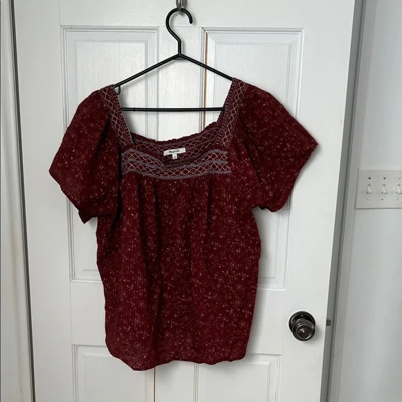 Madewell Burgundy Embroidered Square-Neck Blouse - Picture 1 of 6